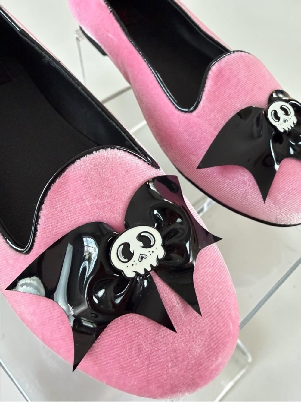 Strange Cvlt Lydia Skull Bat Pink Velvet Flats Goth Coquette Ballet Shoes Size 8